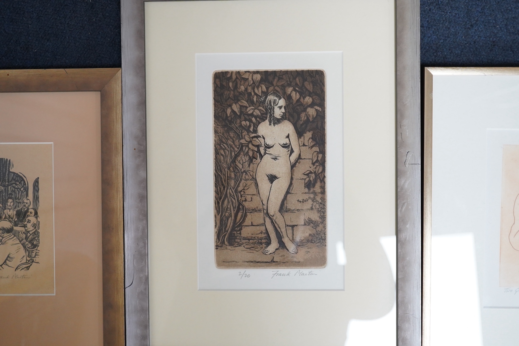 Frank Martin (1921-2005), three engravings and etchings, to include Two girls sitting on the floor, artist's proof and ‘Floor Show’, limited edition 1/10, each signed, largest 20 x 12cm. Condition - fair/good